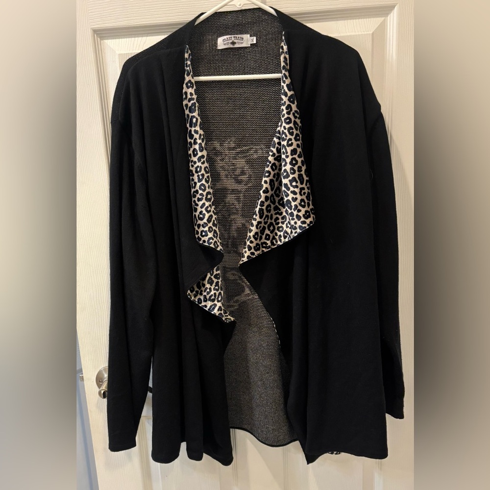 Crazy Train Black Open Cardigan Sweater With Leopard and Rodeo Print